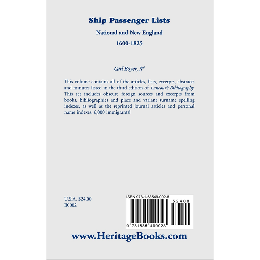 Ship Passenger Lists, National and New England, 1600-1825 back cover