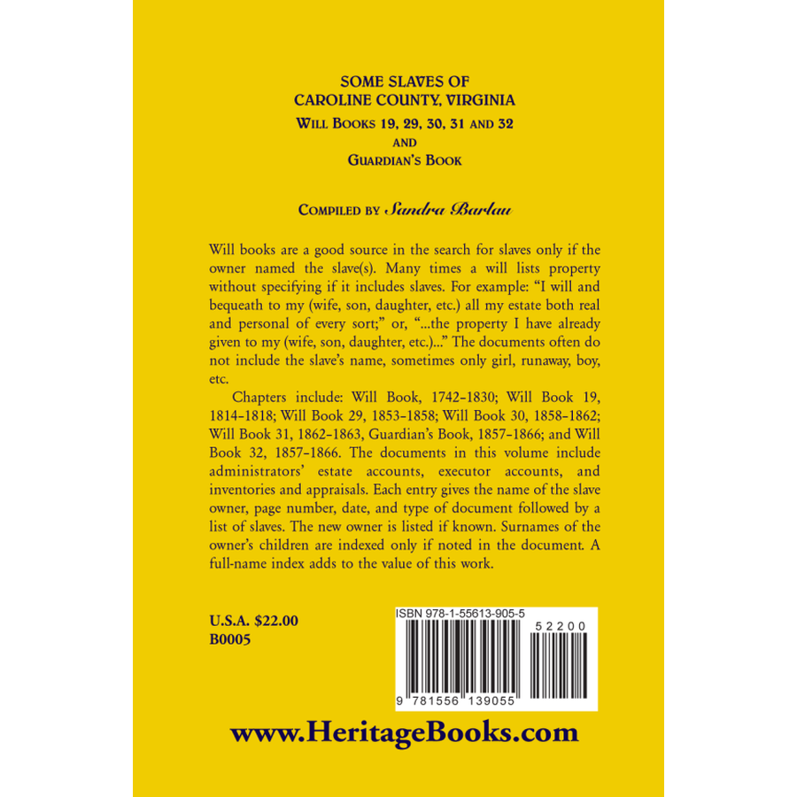 back cover of Some Slaves of Caroline County, Virginia, Will Books 19, 29, 30, 31 and 32; Guardian's Book