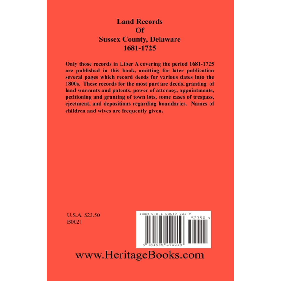 Land Records of Sussex County, Delaware, 1681-1725 back cover