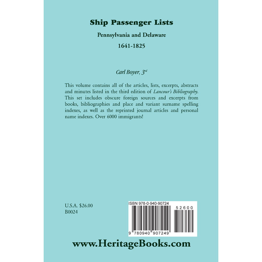 Ship Passenger Lists, Pennsylvania and Delaware: 1641-1825 back cover