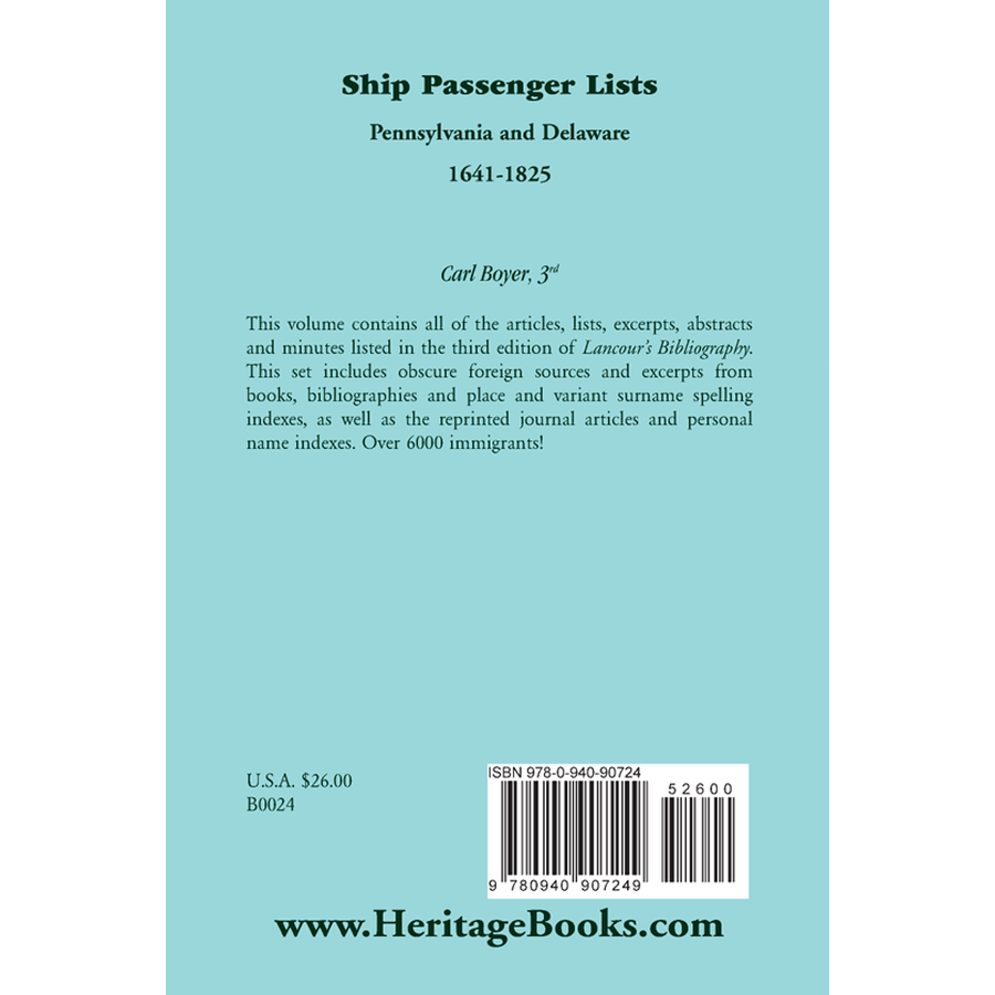 back cover of Ship Passenger Lists, Pennsylvania and Delaware: 1641-1825