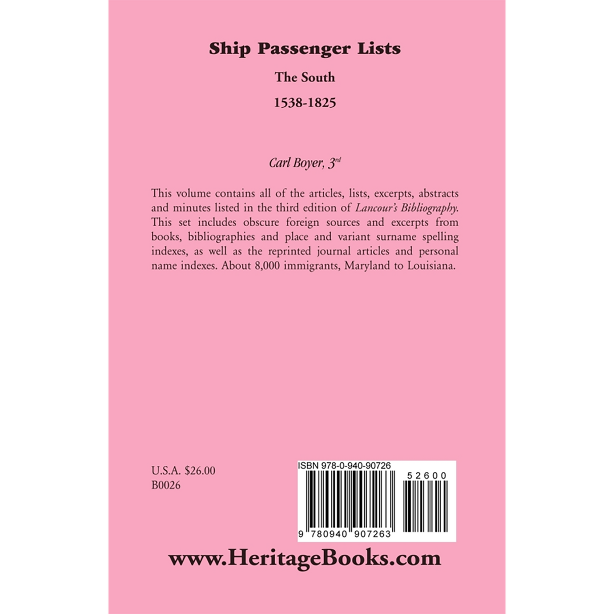 Ship Passenger Lists, The South, 1538-1825 back cover