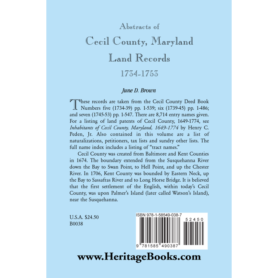 back cover of Abstracts of Cecil County, Maryland Land Records, 1734-1753