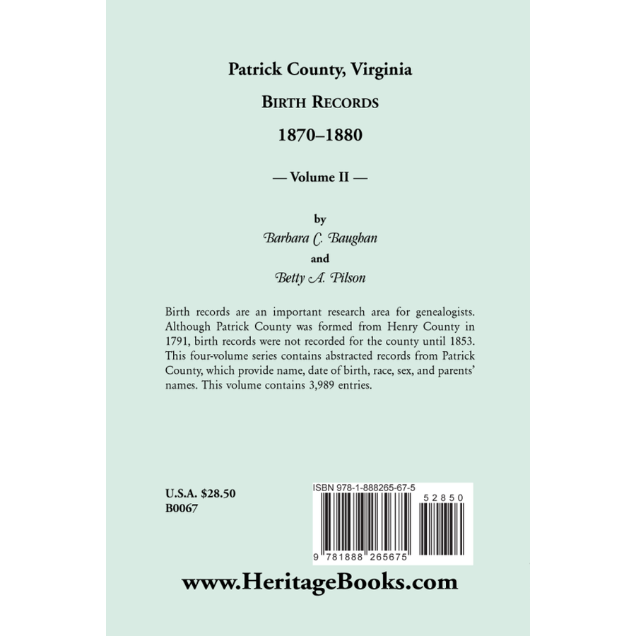 Patrick County, Virginia Birth Records 1870-1880 Volume II back cover