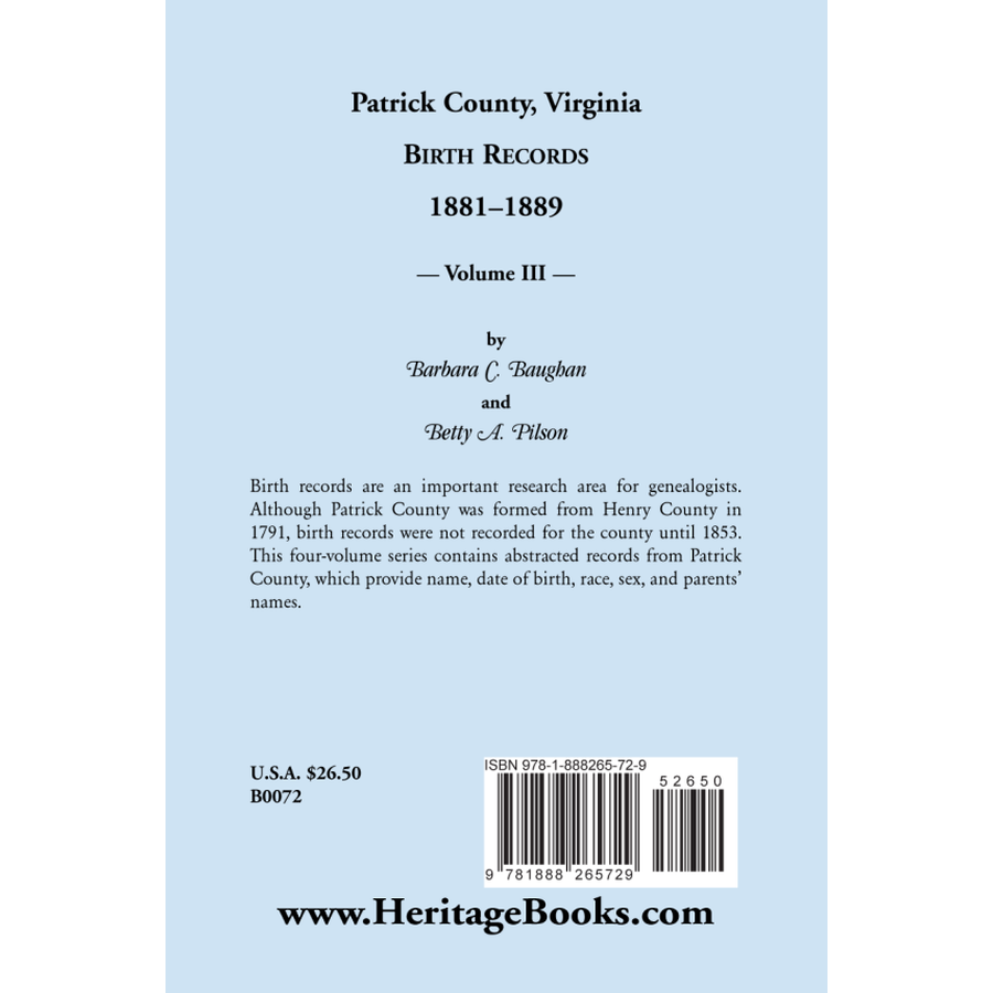 Patrick County, Virginia Birth Records 1881-1889 Volume III back cover