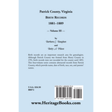 Patrick County, Virginia Birth Records 1881-1889 Volume III back cover