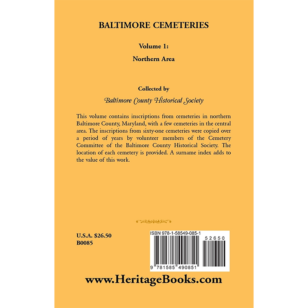 Baltimore [Maryland] Cemeteries: Volume 1, Northern Area back cover