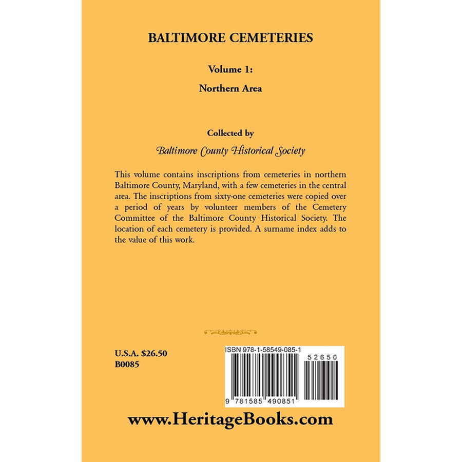 Baltimore [Maryland] Cemeteries: Volume 1, Northern Area back cover