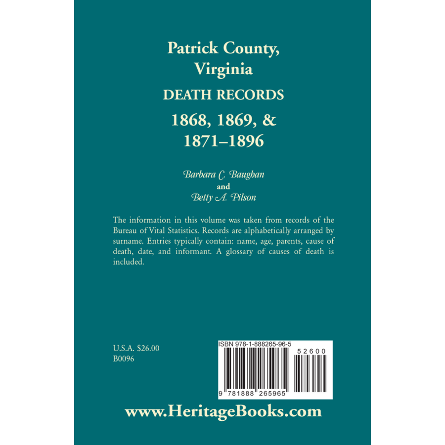 back cover of Patrick County, Virginia Death Records 1868, 1869, and 1871-1896
