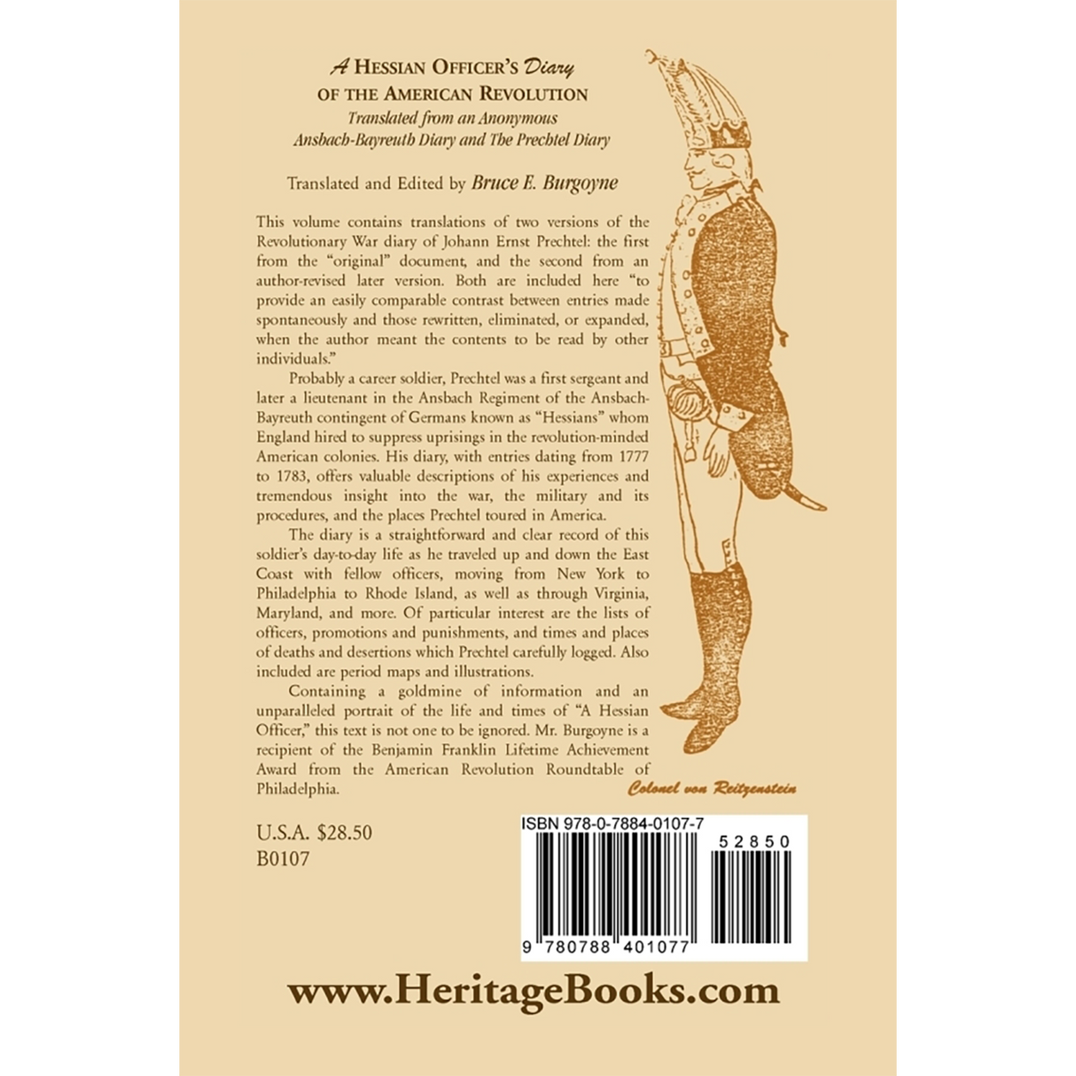 A Hessian Officer's Diary of the American Revolution Translated From An Anonymous Ansbach-Bayreuth Diary and The Prechtel Diary back cover