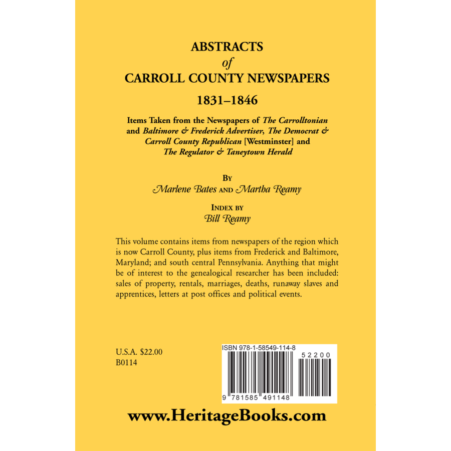 Abstracts of Carroll County Newspapers, 1831-1846 back cover
