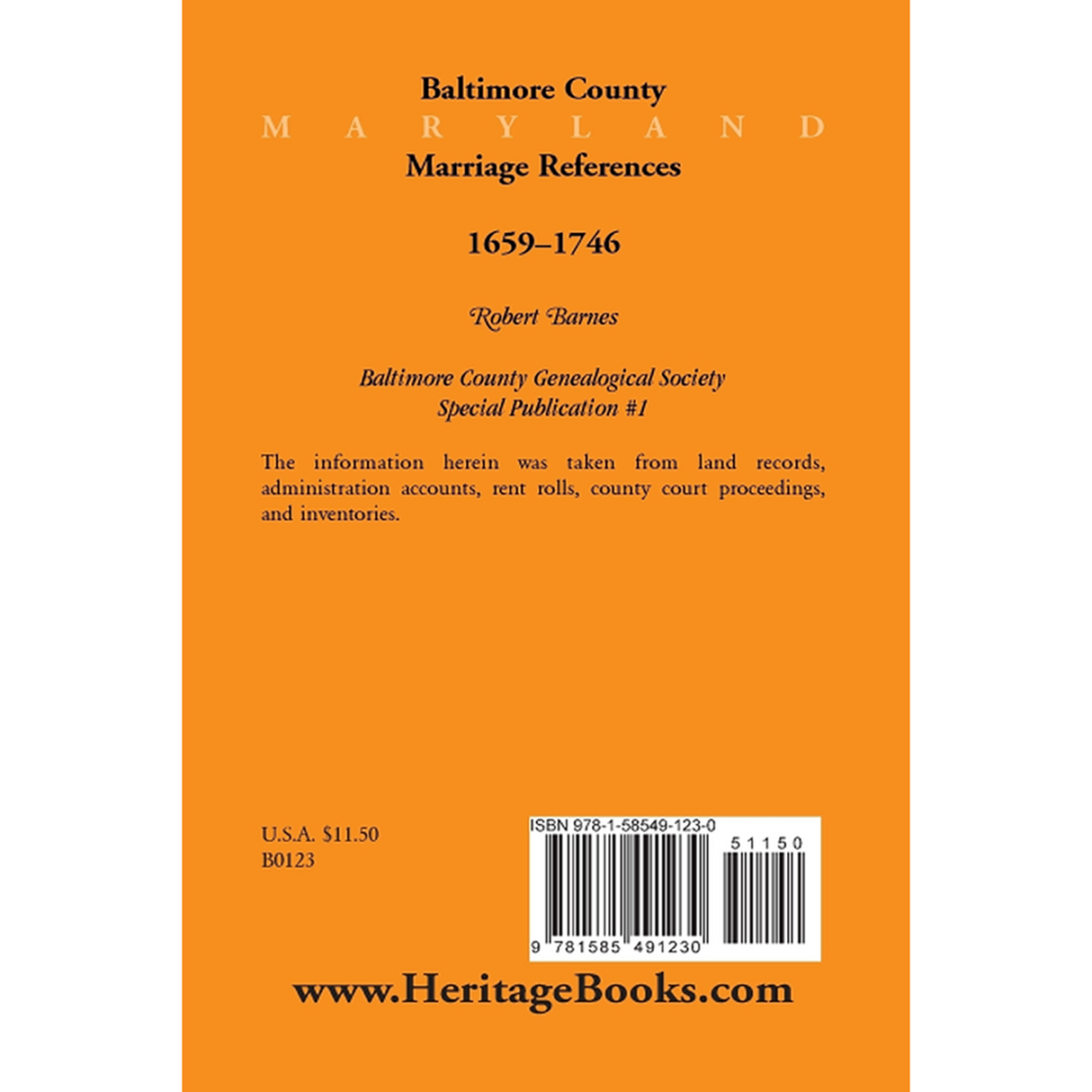 Baltimore County, Maryland Marriage References, 1659-1746 back cover