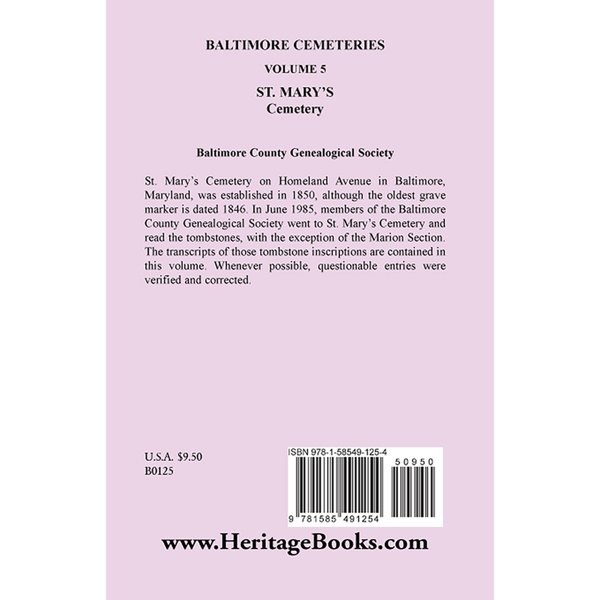 Baltimore [Maryland] Cemeteries, Volume 5: St. Mary's Cemetery back cover