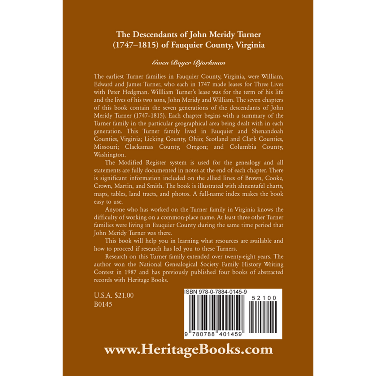 The Descendants of John Meridy Turner (1747-1815) of Fauquier County, Virginia back cover