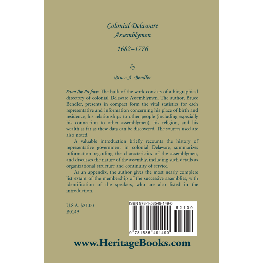 Colonial Delaware Assemblymen, 1682-1776 back cover