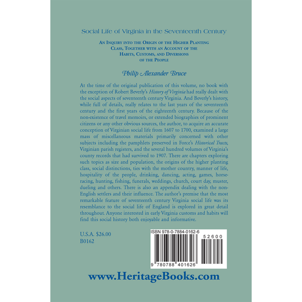 Social Life of Virginia in the Seventeenth Century back cover