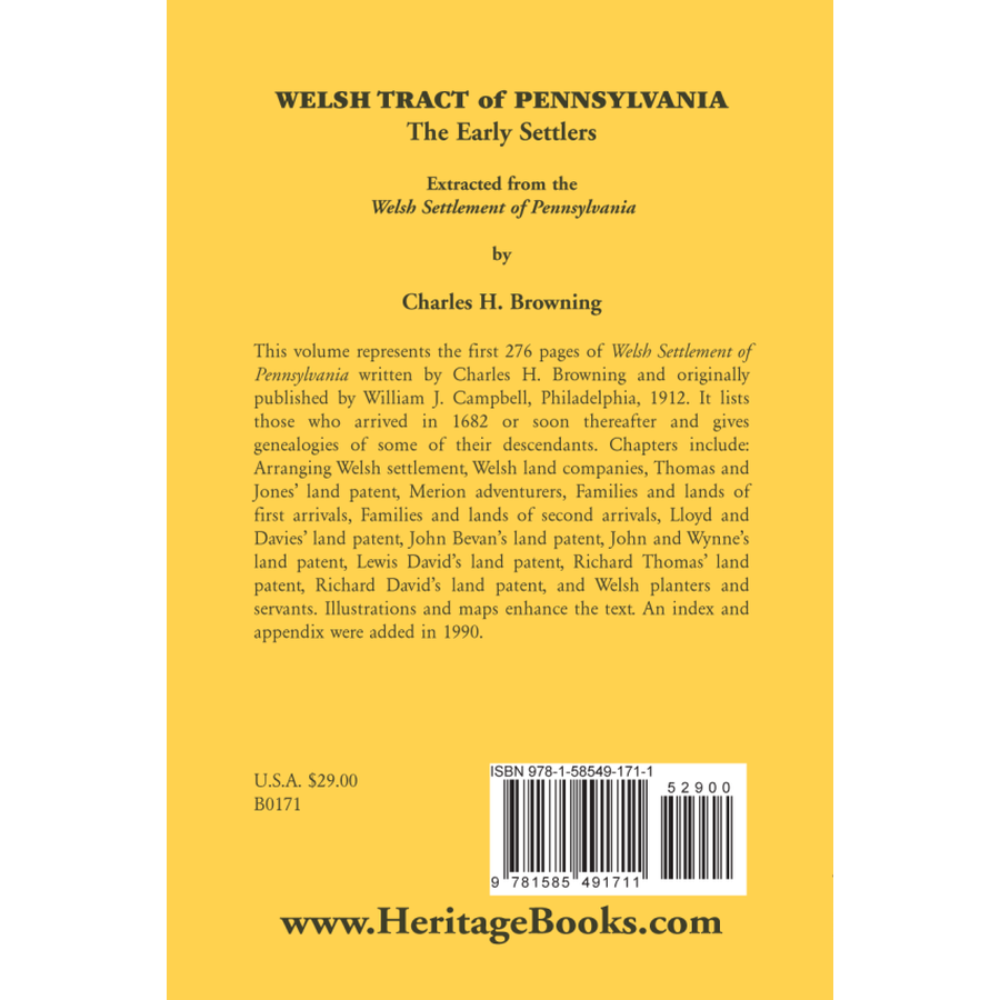 back cover of Welsh Tract of Pennsylvania: The Early Settlers