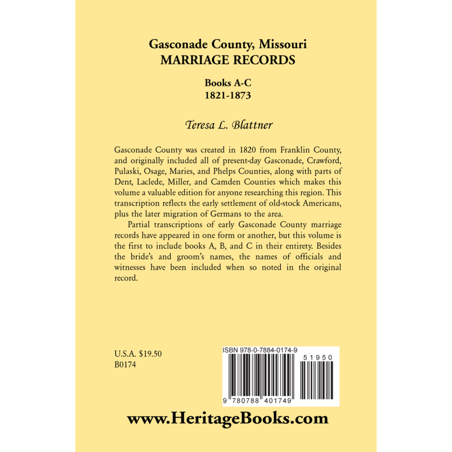back cover of Gasconade County, Missouri, Marriage Records, Books A-C 1821-1873