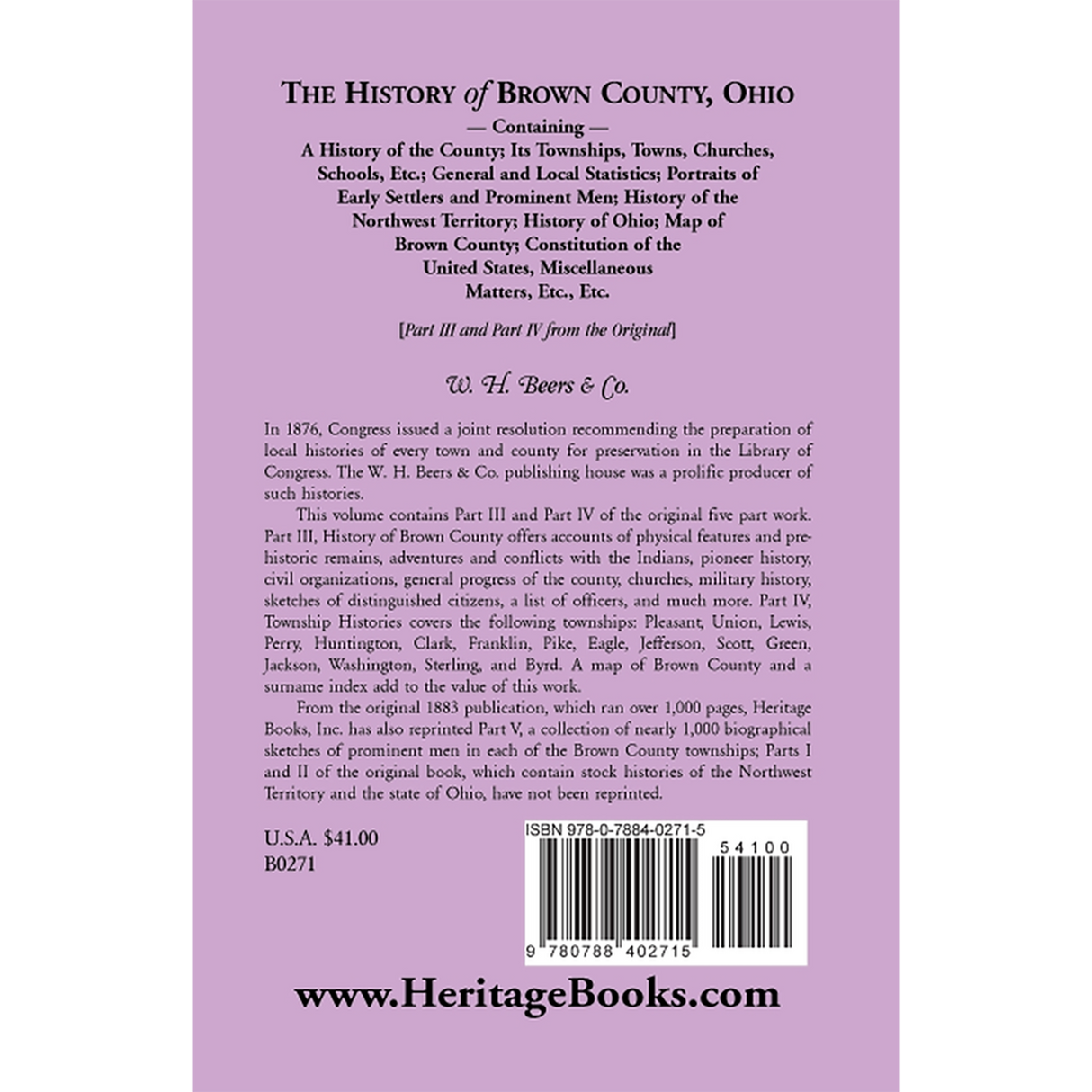 History of Brown County, Ohio: County and Township Histories [Parts III and IV from the original] back cover