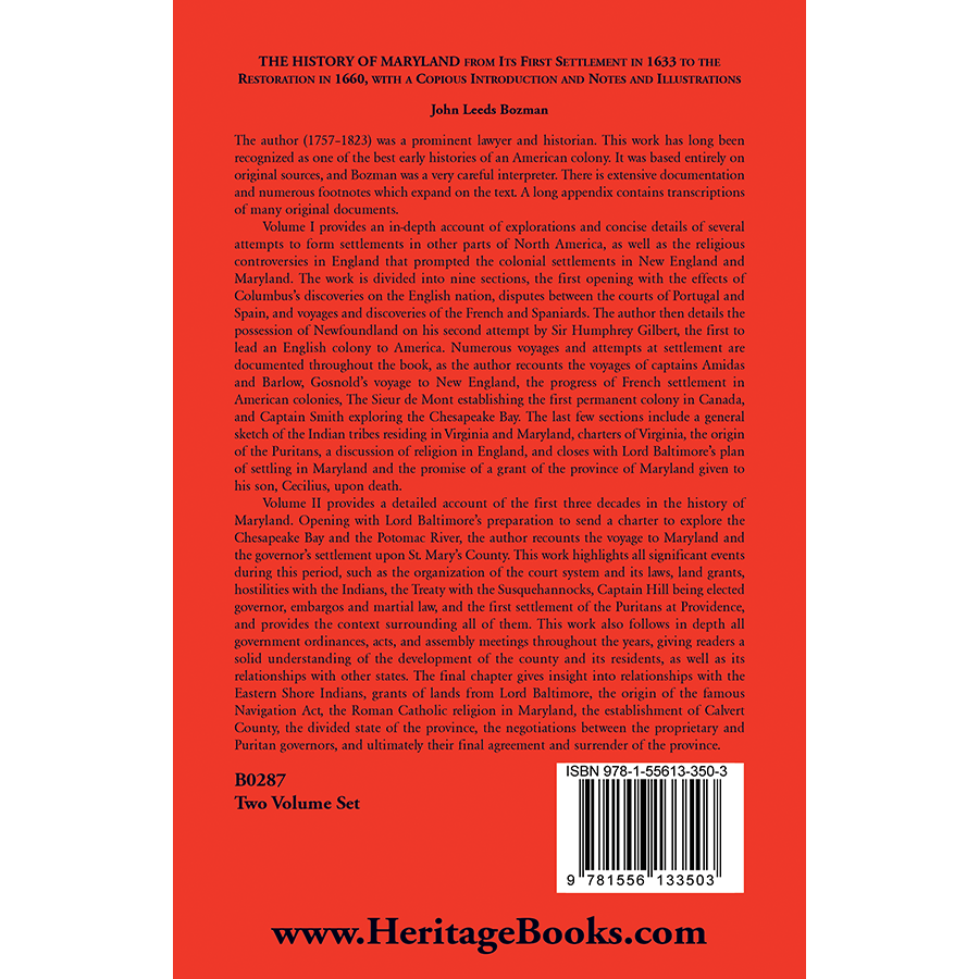 The History of Maryland from Its First Settlement in 1633 to the Restoration in 1660 [2 volumes] back cover