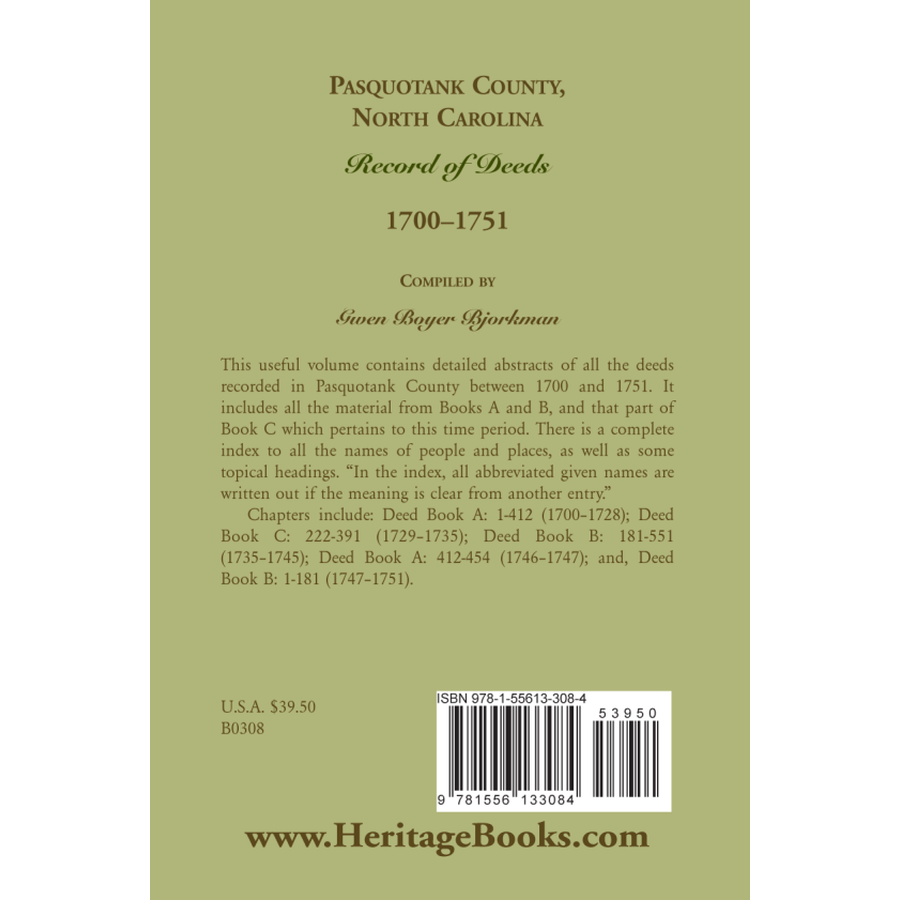 Pasquotank County, North Carolina Record of Deeds, 1700-1751 back cover