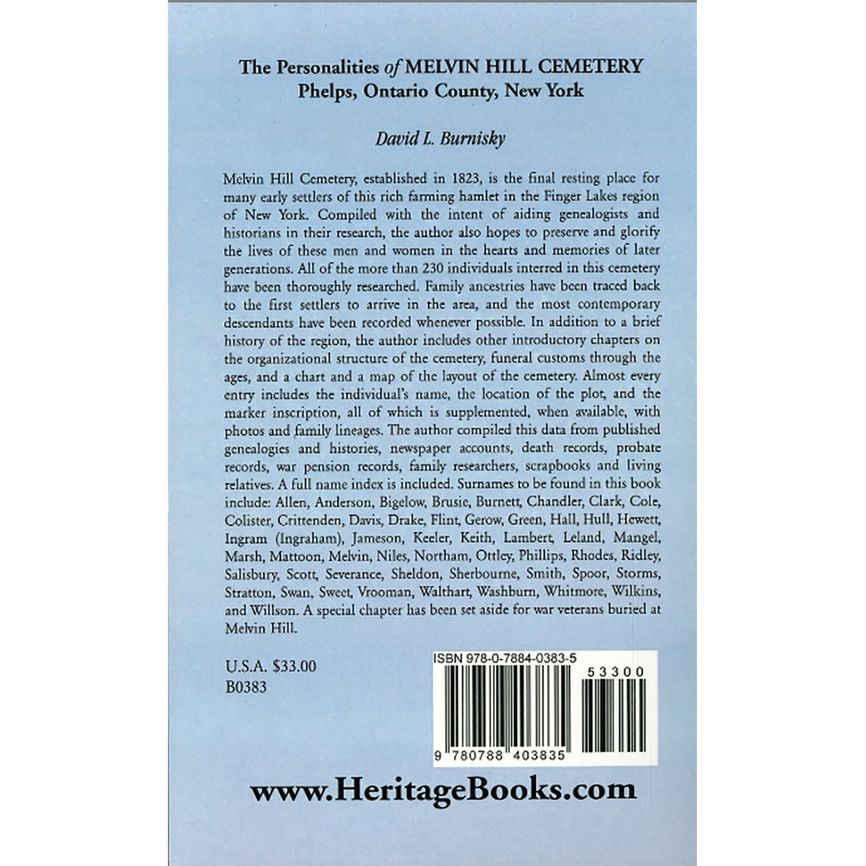 The Personalities of Melvin Hill Cemetery, Phelps, Ontario County, New York back cover