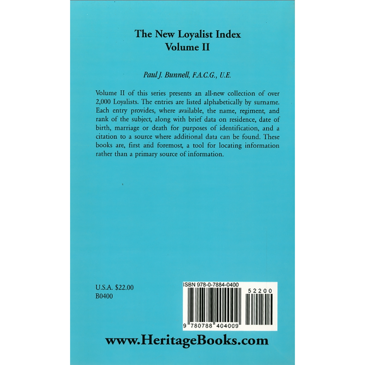 The New Loyalist Index, Volume II back cover