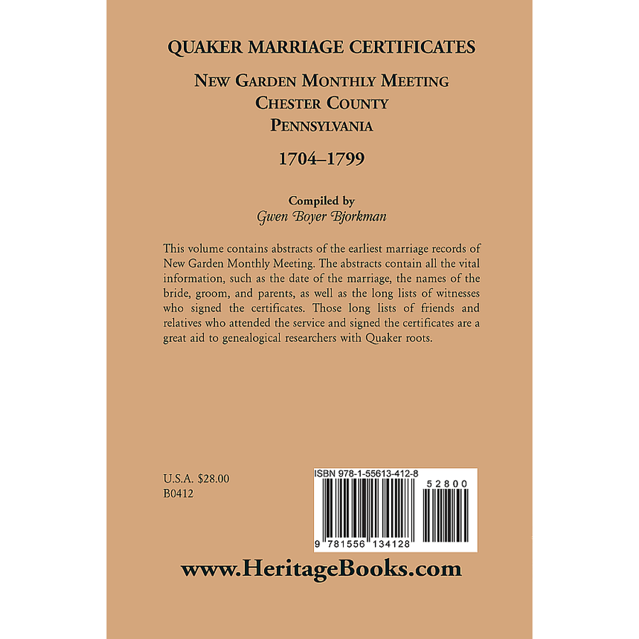 back cover of Quaker Marriage Certificates: New Garden Monthly Meeting, Chester County, Pennsylvania, 1704-1799