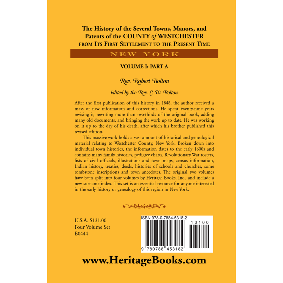 back cover of The History of Several Towns, Manors and Patents of the County of Westchester from the First Settlement to the Present Time vol. 1 part 1