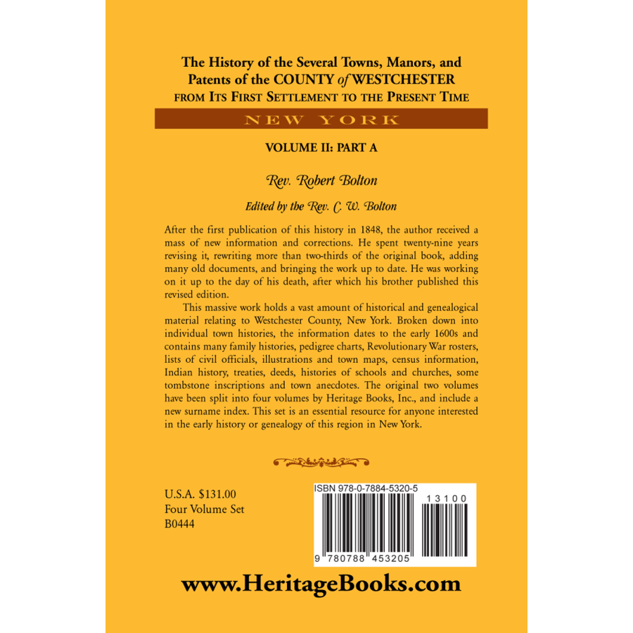 back cover of The History of Several Towns, Manors and Patents of the County of Westchester from the First Settlement to the Present Time vol. 2 part 1