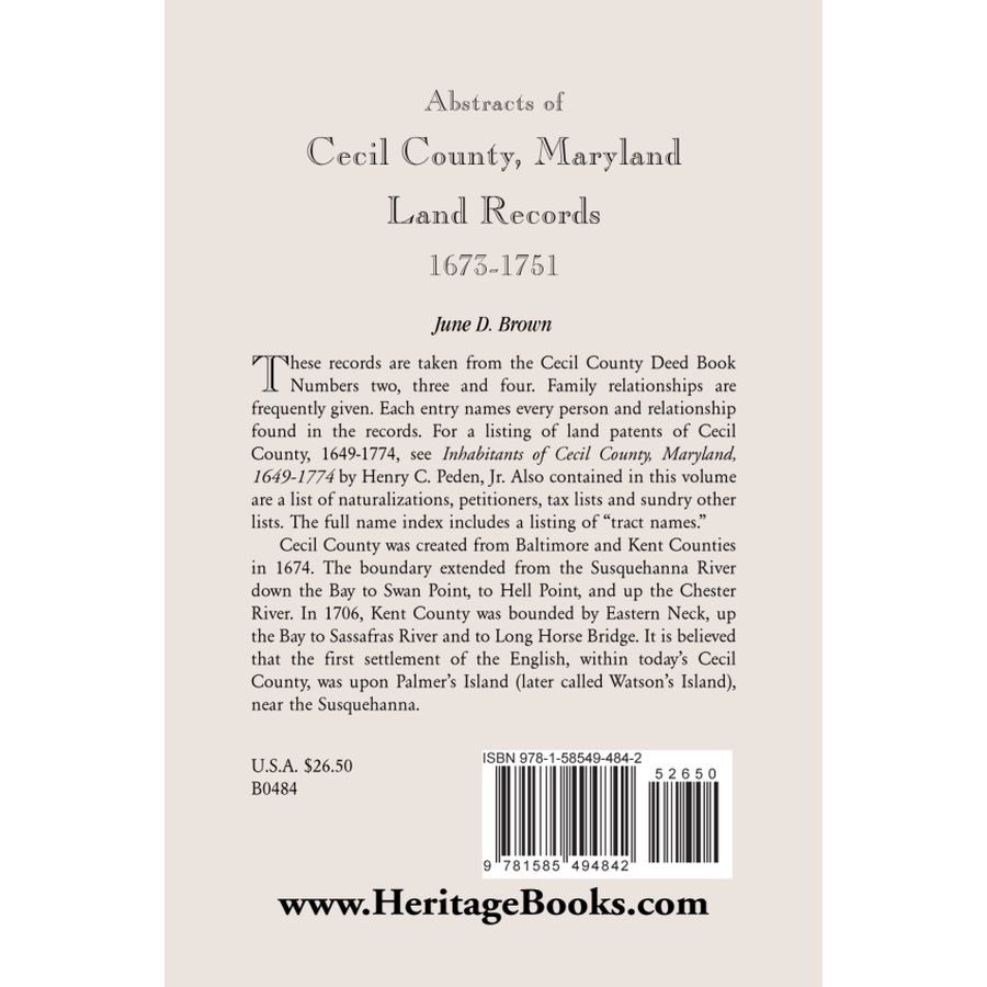 Abstracts of Cecil County, Maryland Land Records 1673-1751 back cover