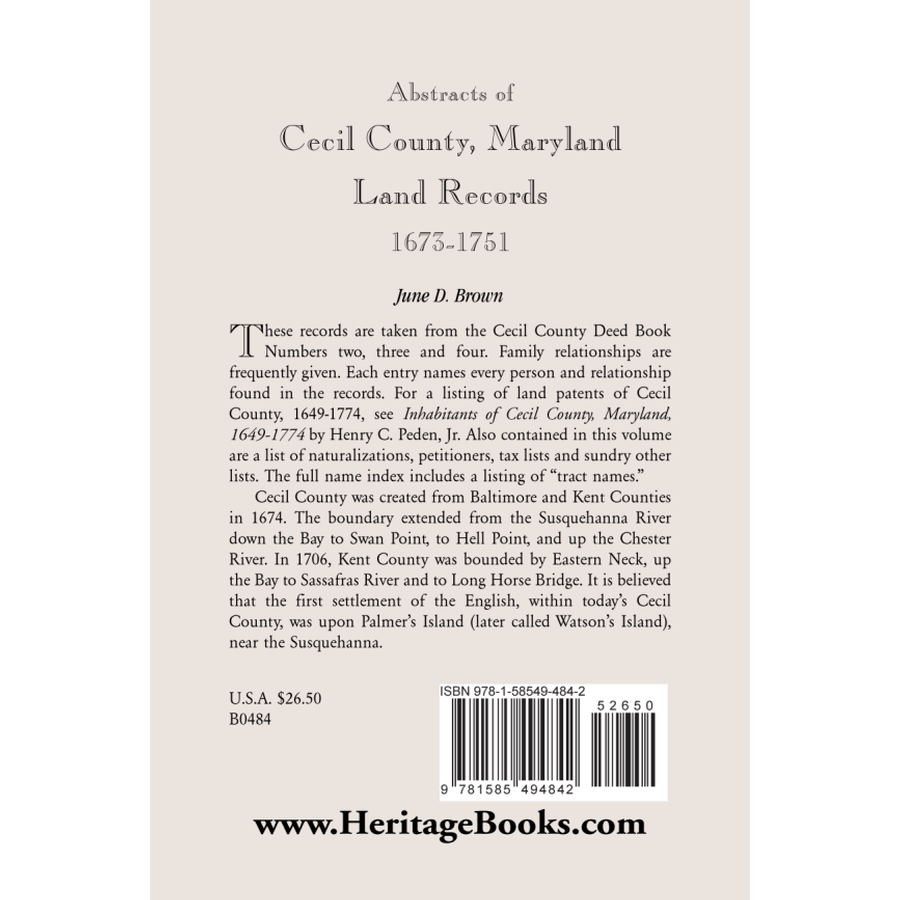 back cover of Abstracts of Cecil County, Maryland Land Records 1673-1751