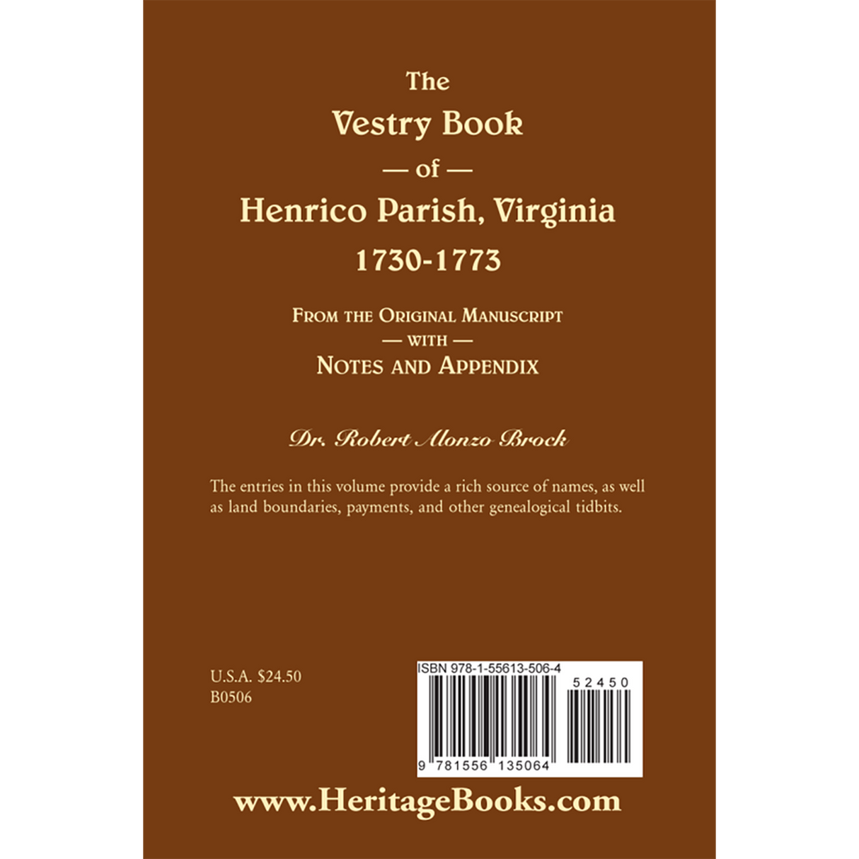 The Vestry Book of Henrico Parish, Virginia, 1730-1773: From the Original Manuscript, with Notes and Appendix back cover