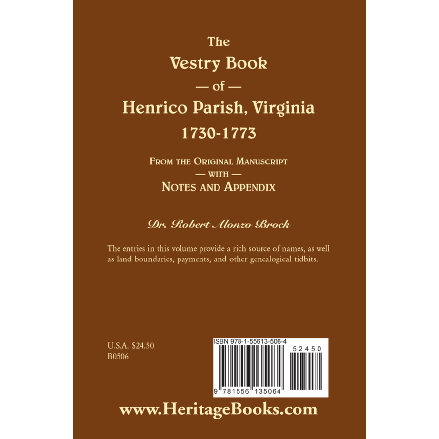 back cover of The Vestry Book of Henrico Parish, Virginia, 1730-1773: From the Original Manuscript, with Notes and Appendix