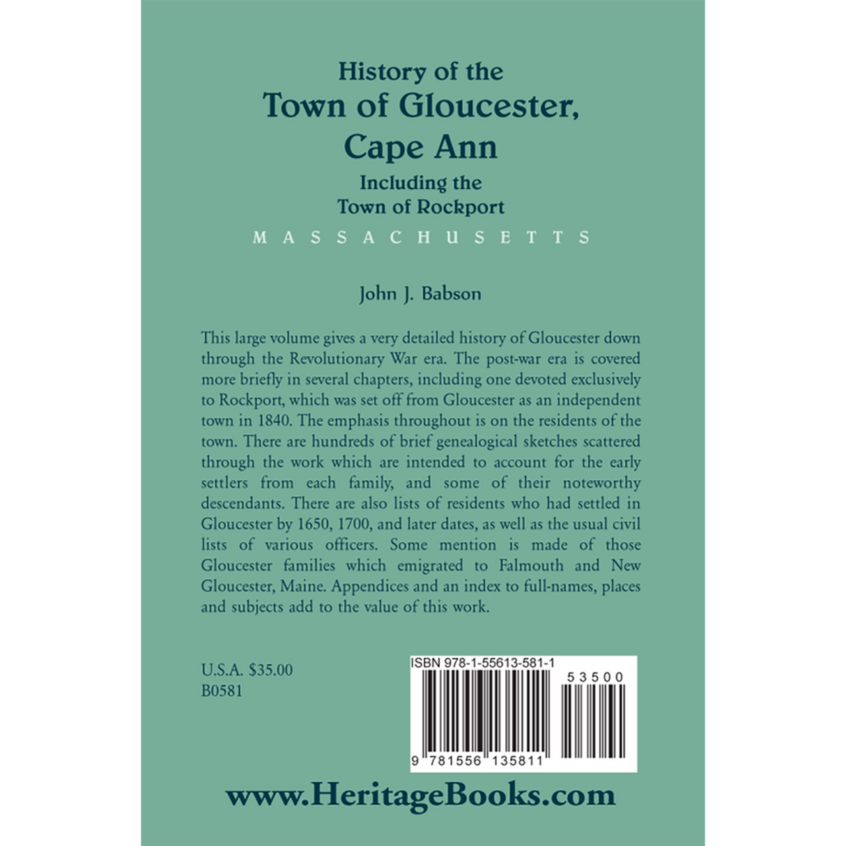 History of the Town of Gloucester, Cape Ann, including the Town of Rockport [Massachusetts] back cover