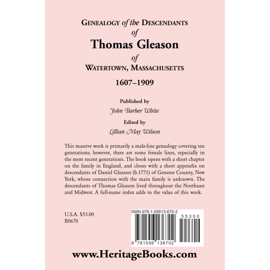 back cover of Genealogy of the Descendants of Thomas Gleason of Watertown, Massachusetts, 1607-1909