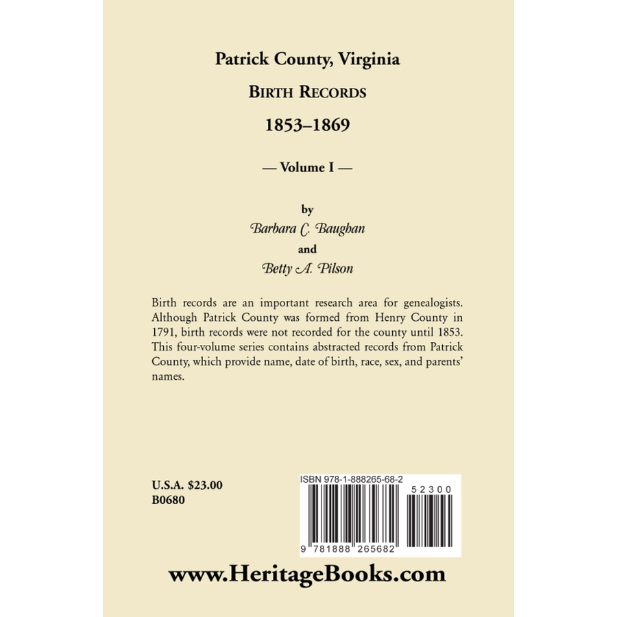 Patrick County, Virginia Birth Records 1853-1869 Volume I back cover