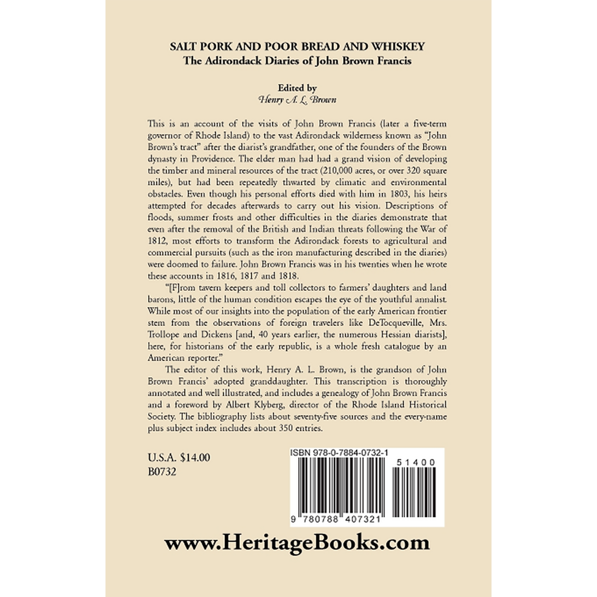 Salt Pork and Poor Bread and Whiskey: The Adirondack Diaries of John Brown Francis back cover
