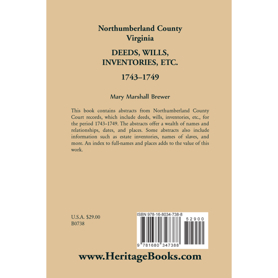 back cover of Northumberland County, Virginia Deeds, Wills, Inventories, etc., 1743-1749