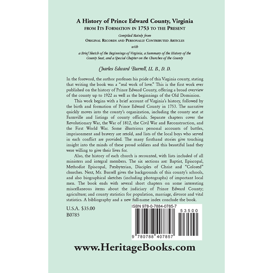 History of Prince Edward County, Virginia, From its Formation in 1753 to the Present back cover