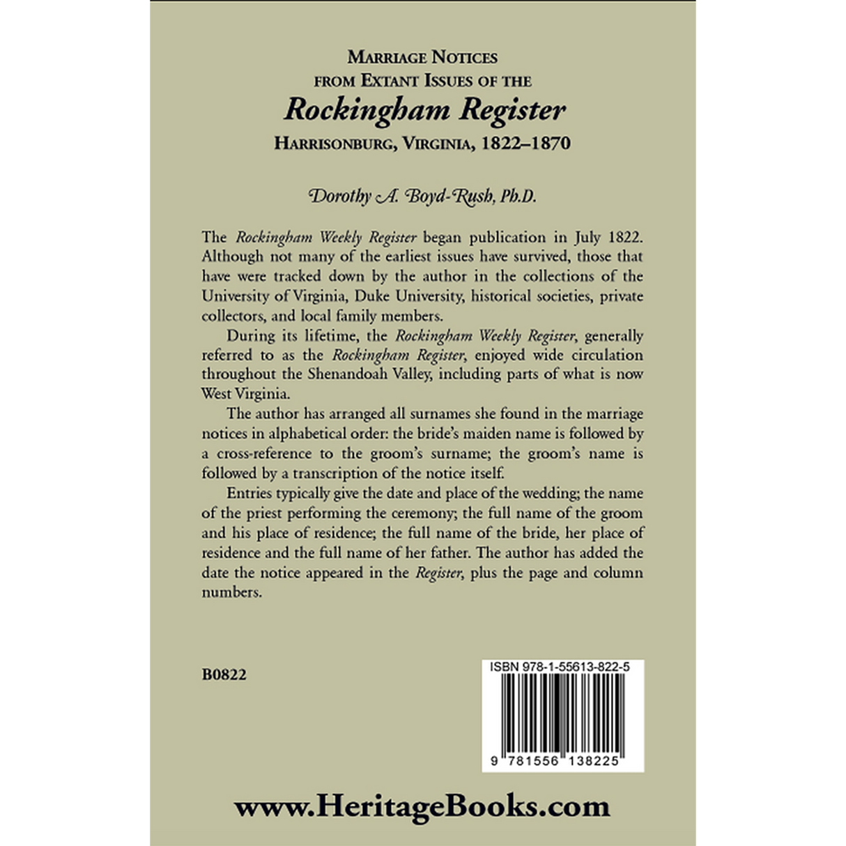 Marriage Notices from Extant Issues of "The Rockingham Register," Harrisonburg, Virginia 1822-1870 back cover