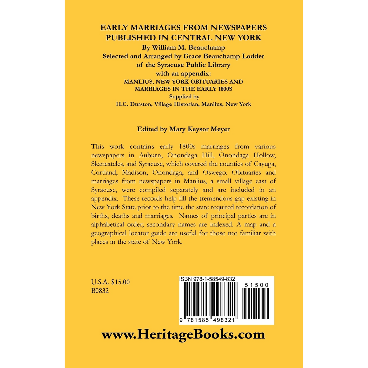 Early Marriages from Newspapers Published in Central New York back cover