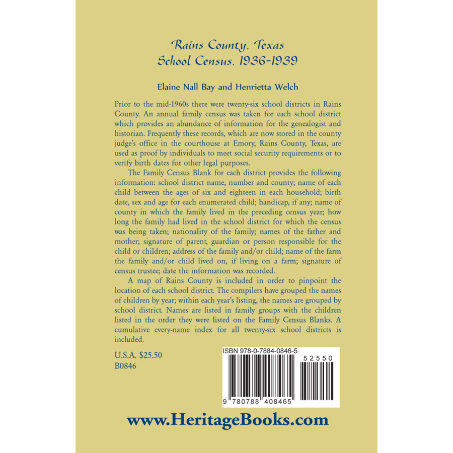 Rains County, Texas School Census, 1936-1939 back cover