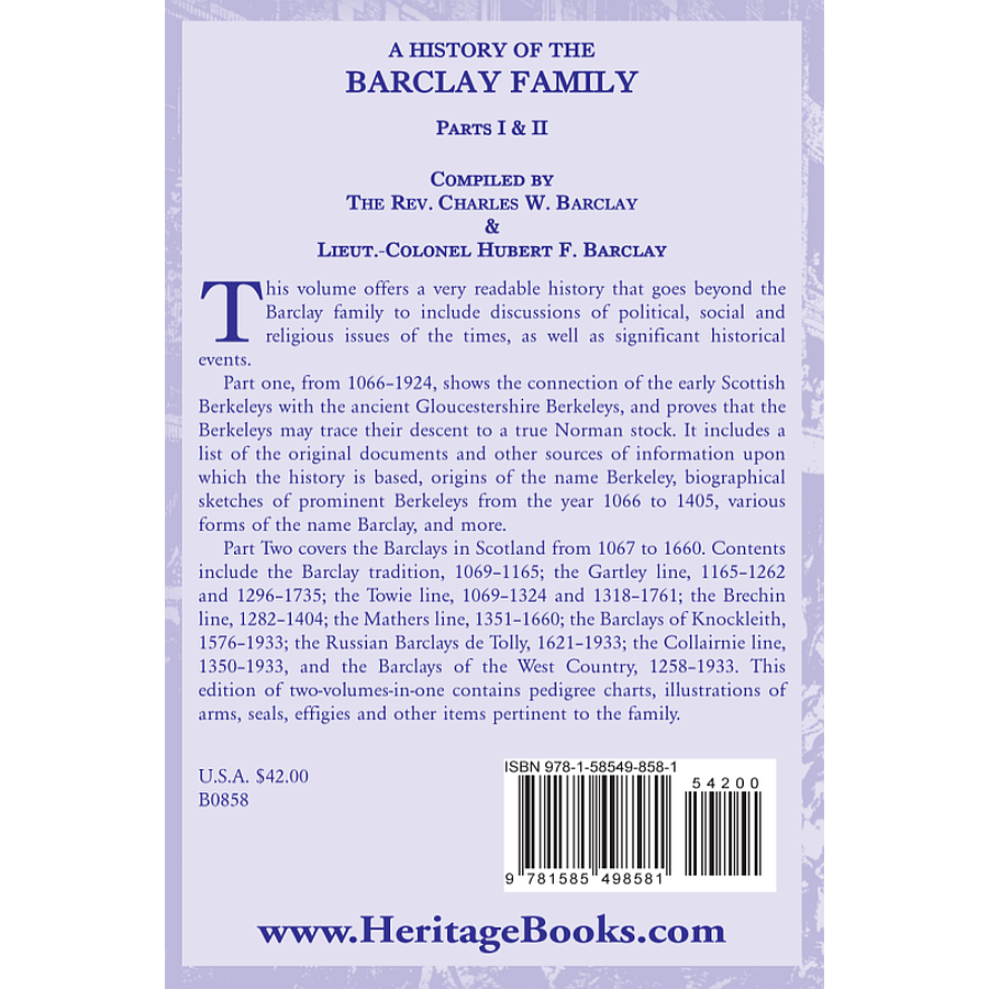 back cover of A History of the Barclay Family, Parts 1 and 2