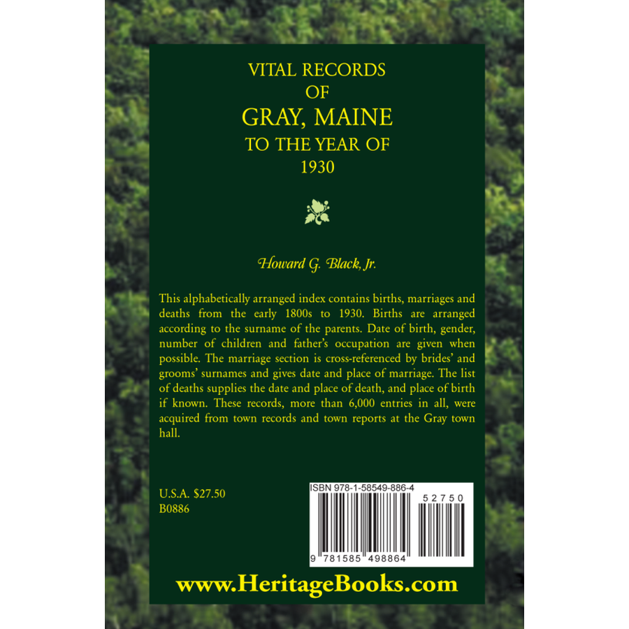Vital Records of Gray, Maine to the Year of 1930 back cover