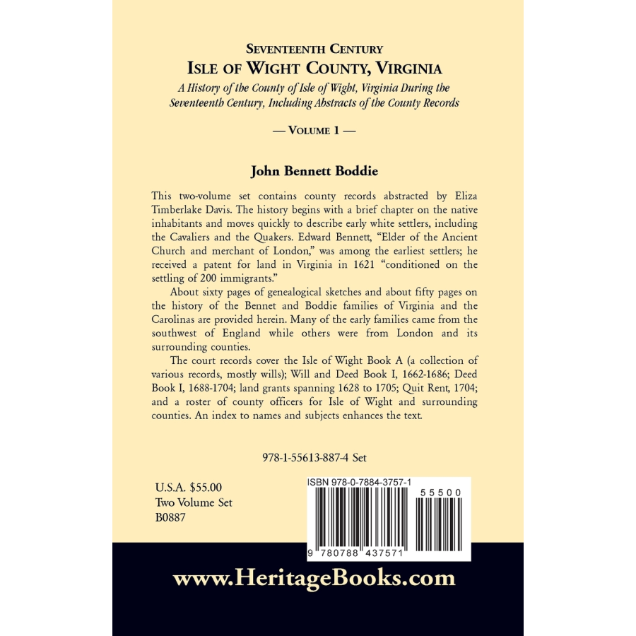 Seventeenth Century Isle of Wight County, Virginia, Volume I back cover