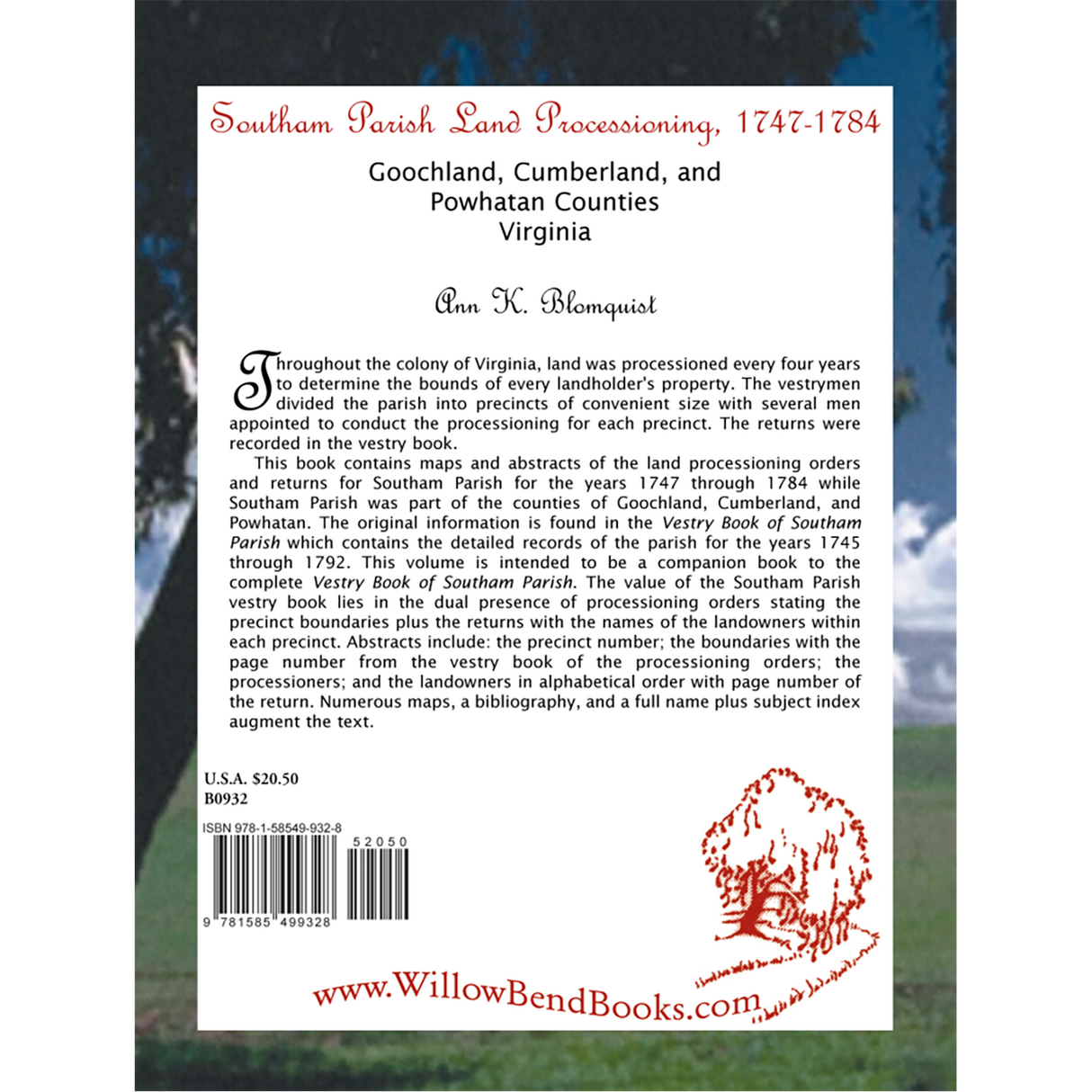 Southam Parish Land Processioning, 1747-1784, Goochland, Cumberland, and Powhatan Counties, Virginia back cover