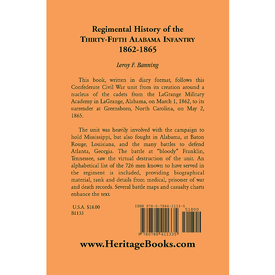 back cover of Regimental History of the 35th Alabama Infantry, 1862-1865