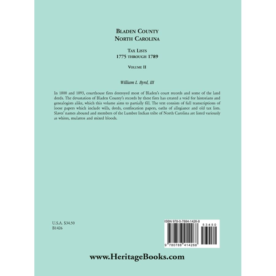 Bladen County, North Carolina, Tax Lists: 1775 through 1789, Volume II back cover