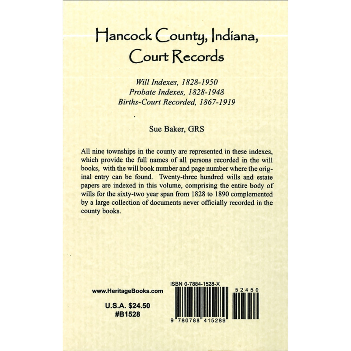 Hancock County, Indiana Court Records: Will Indexes, 1828-1950; Probate Indexes, 1828-1948; Births-Court Recorded, 1867-1919 back cover